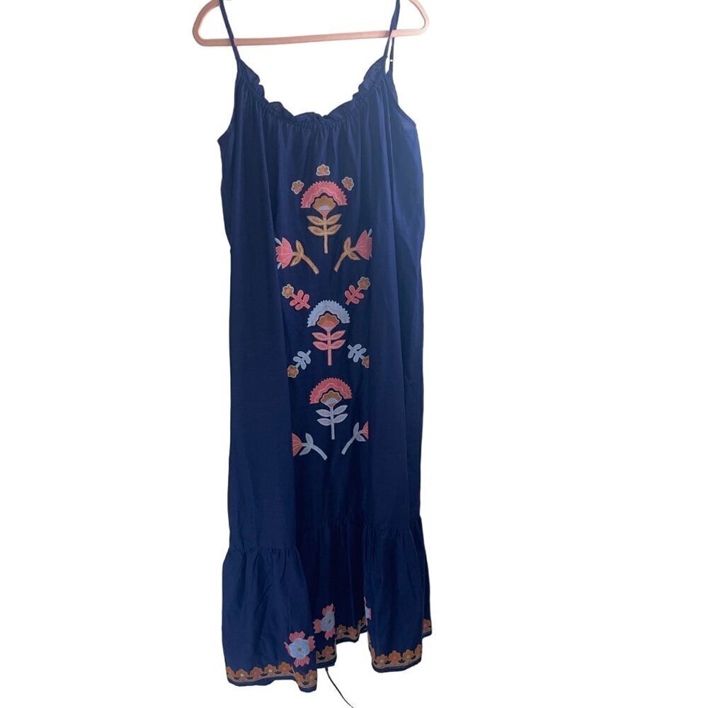 Anthropologie Womens Dress Size Large Blue Malika Maxi Applique Embroidered